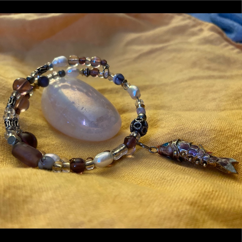Handmade real pearl fish charm wrap bracelet